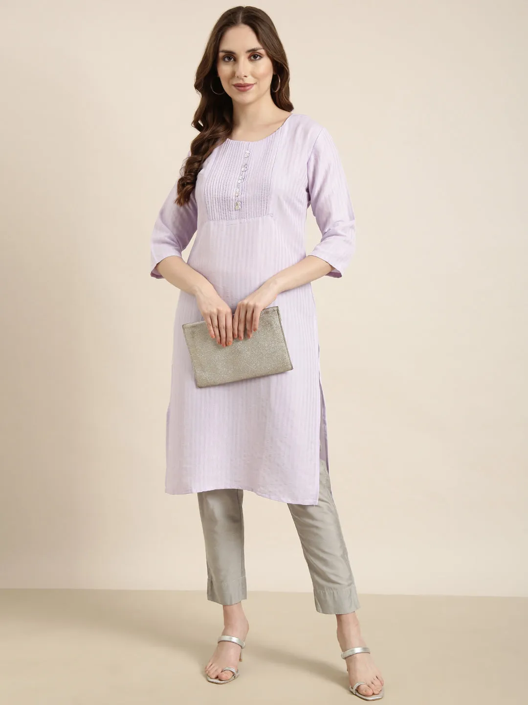 Women Straight Lavender Solid Kurta