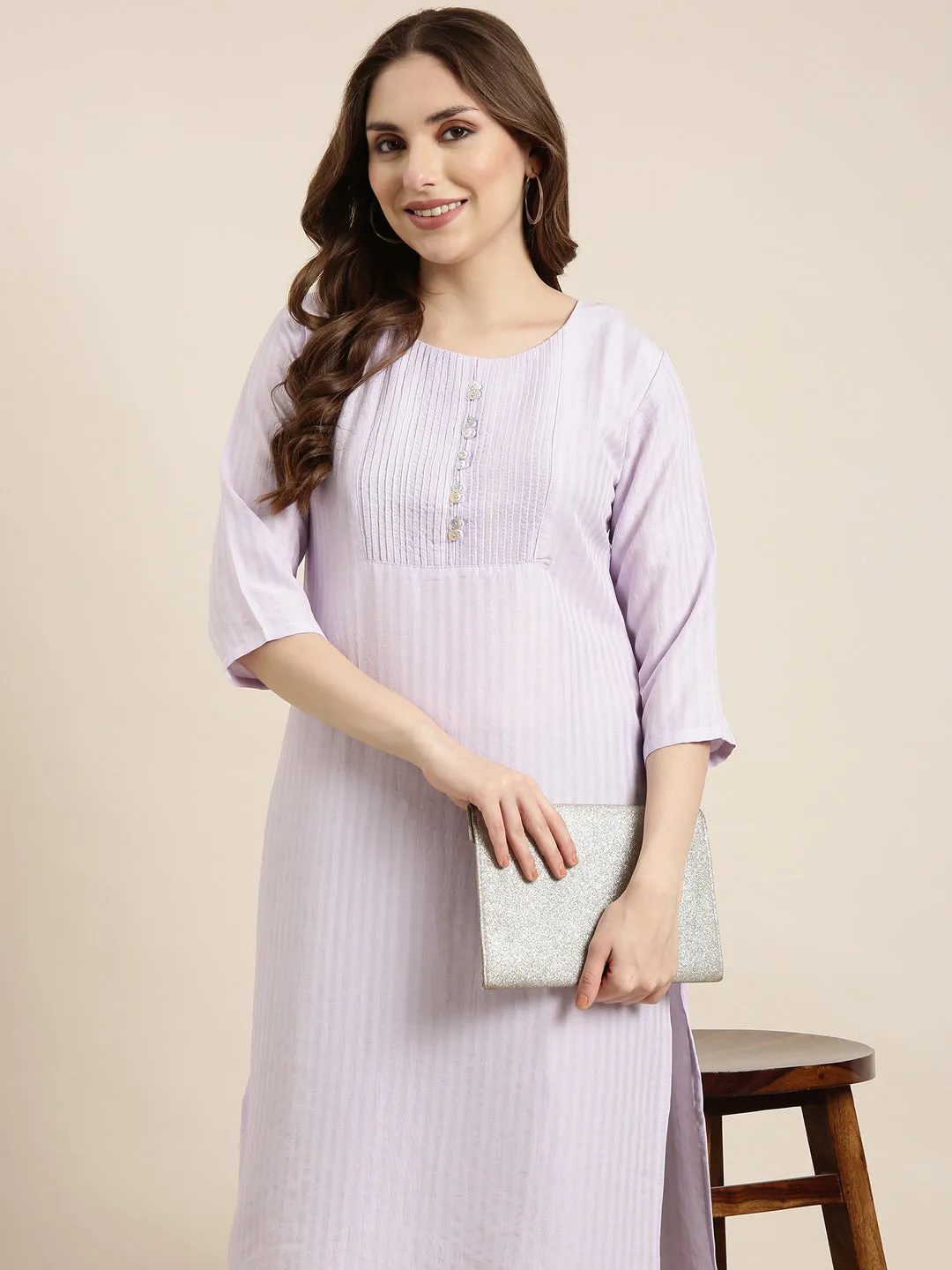 Women Straight Lavender Solid Kurta