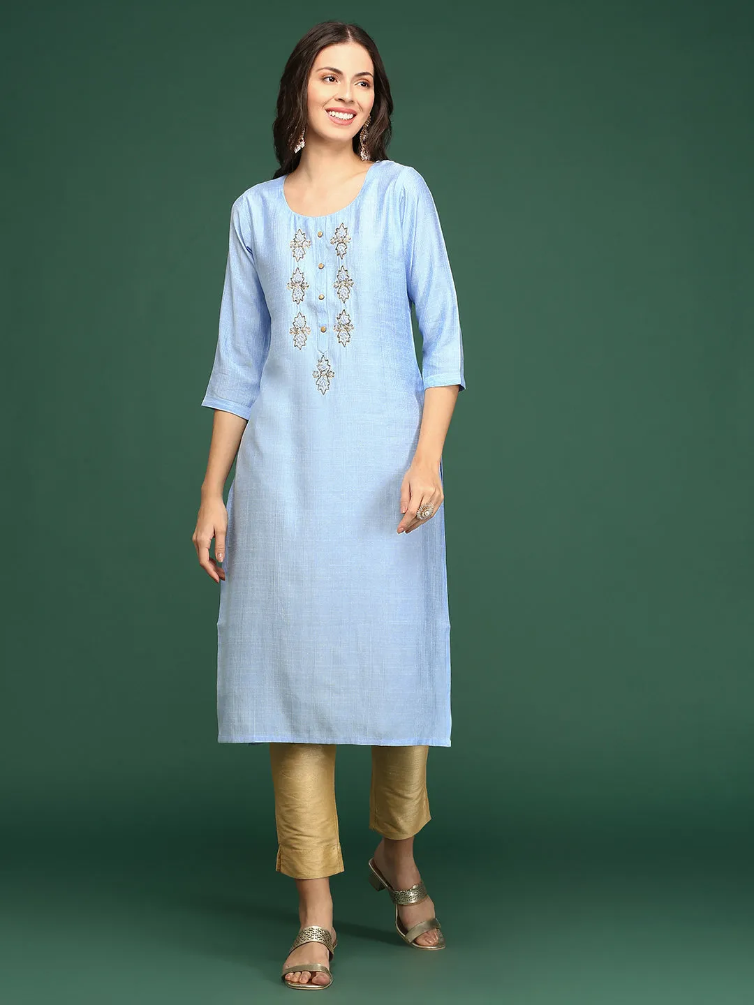 Women's Blue Embellished Straight Kurta