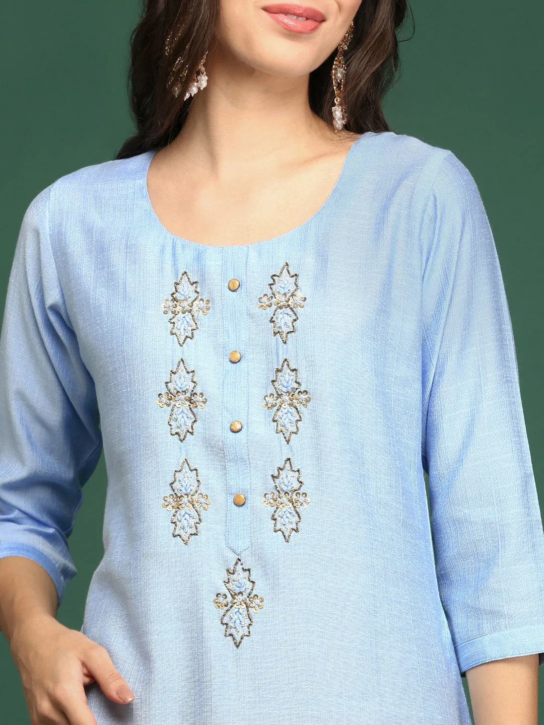 Women's Blue Embellished Straight Kurta