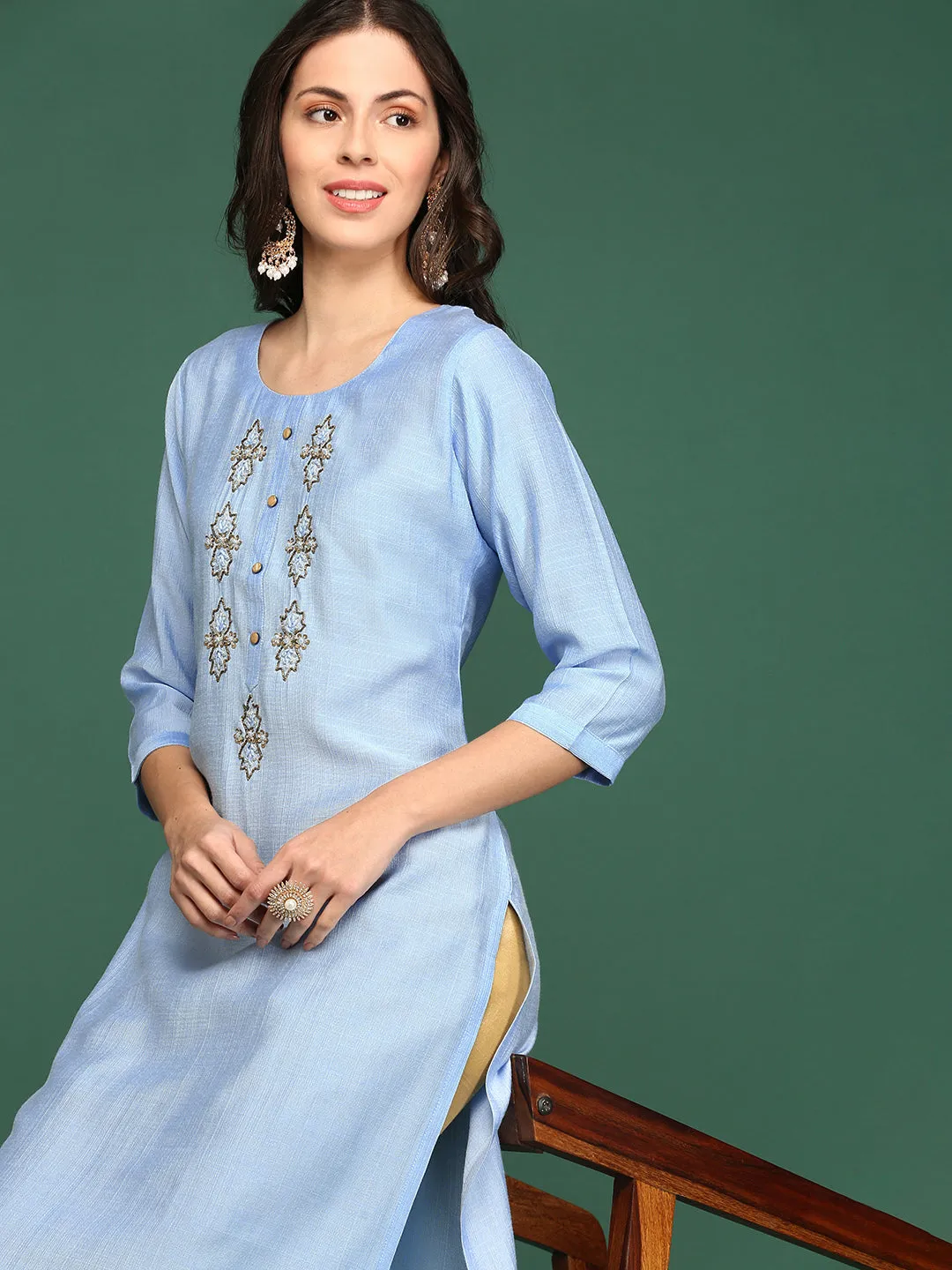 Women's Blue Embellished Straight Kurta