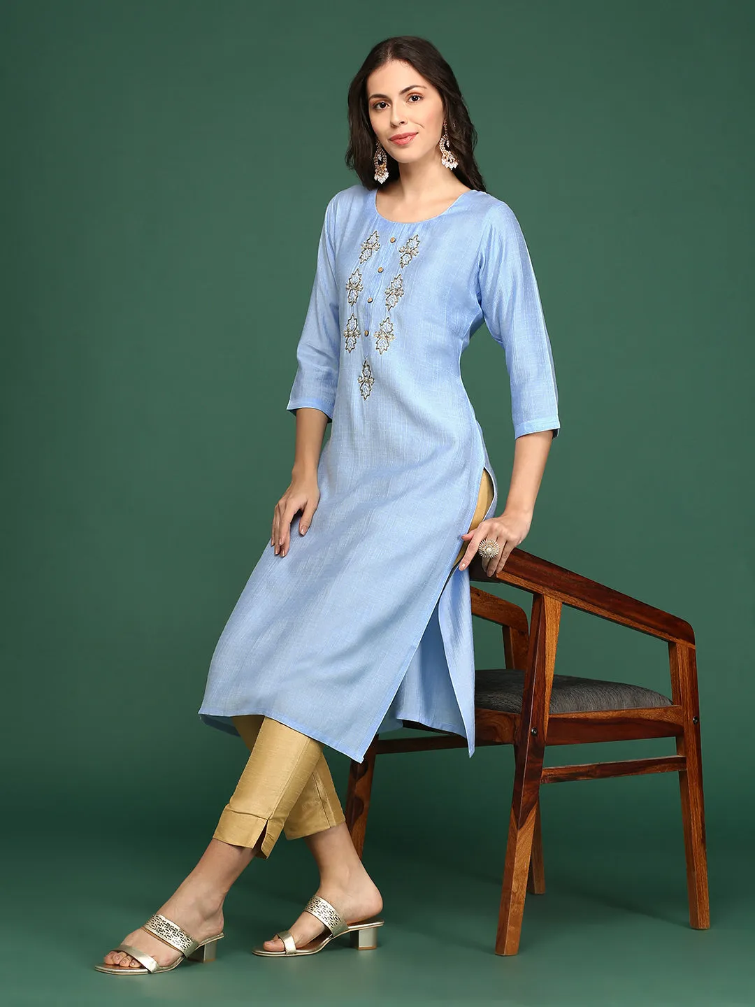 Women's Blue Embellished Straight Kurta