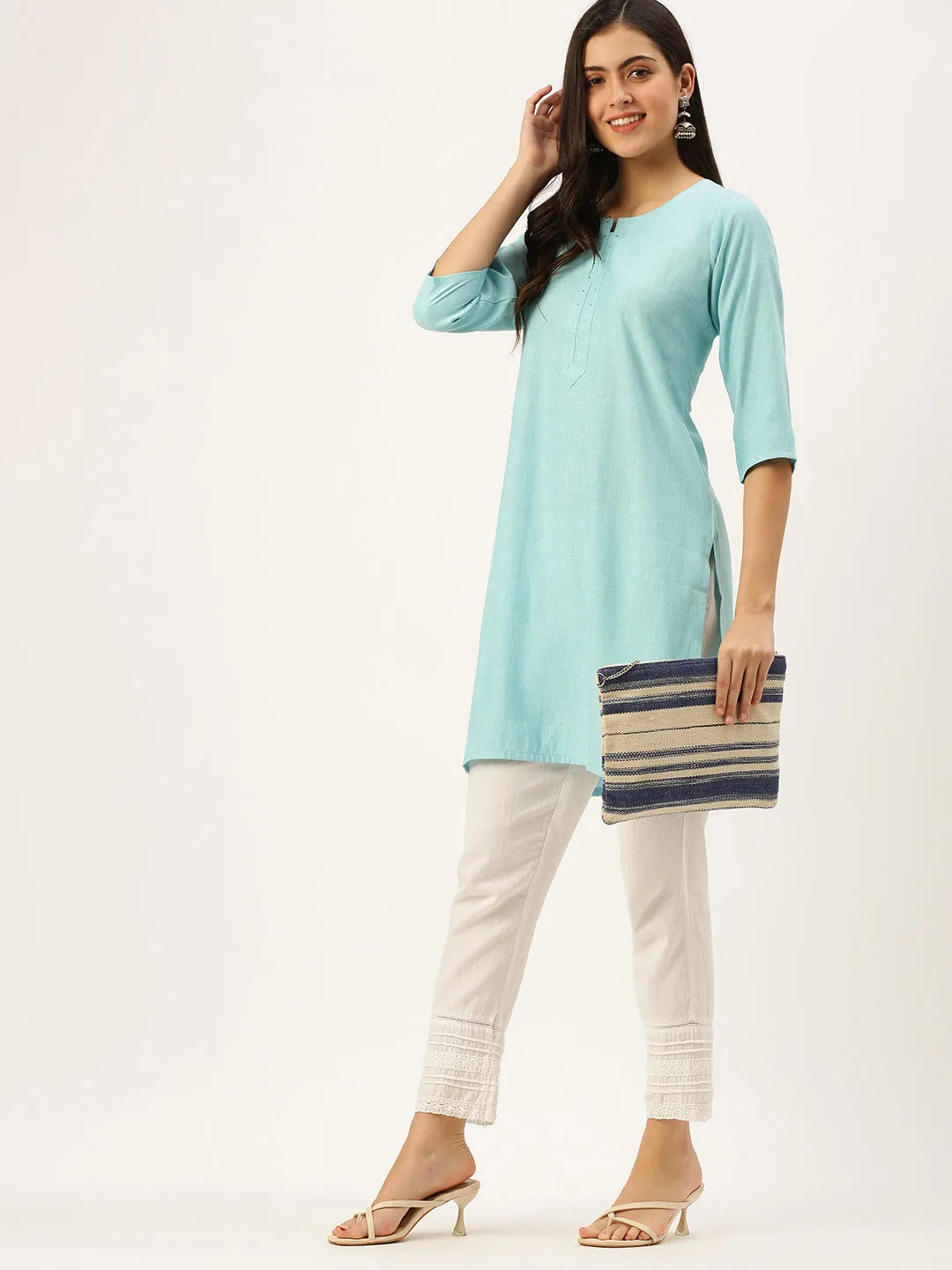 Women's Blue Embellished Straight Kurtas