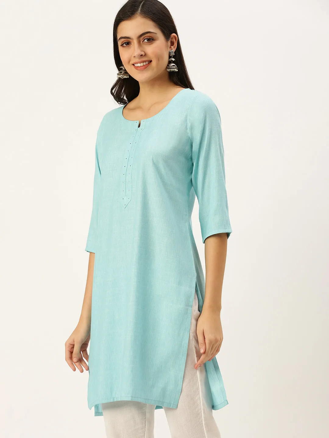 Women's Blue Embellished Straight Kurtas