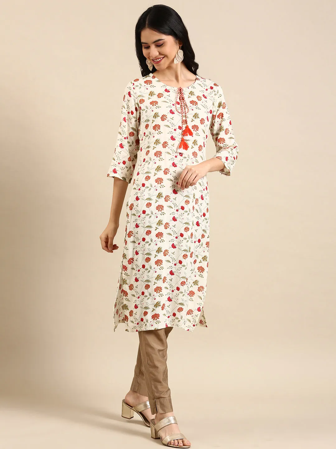 Women's Cream Printed Straight Kurta