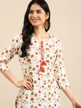 Women's Cream Printed Straight Kurta