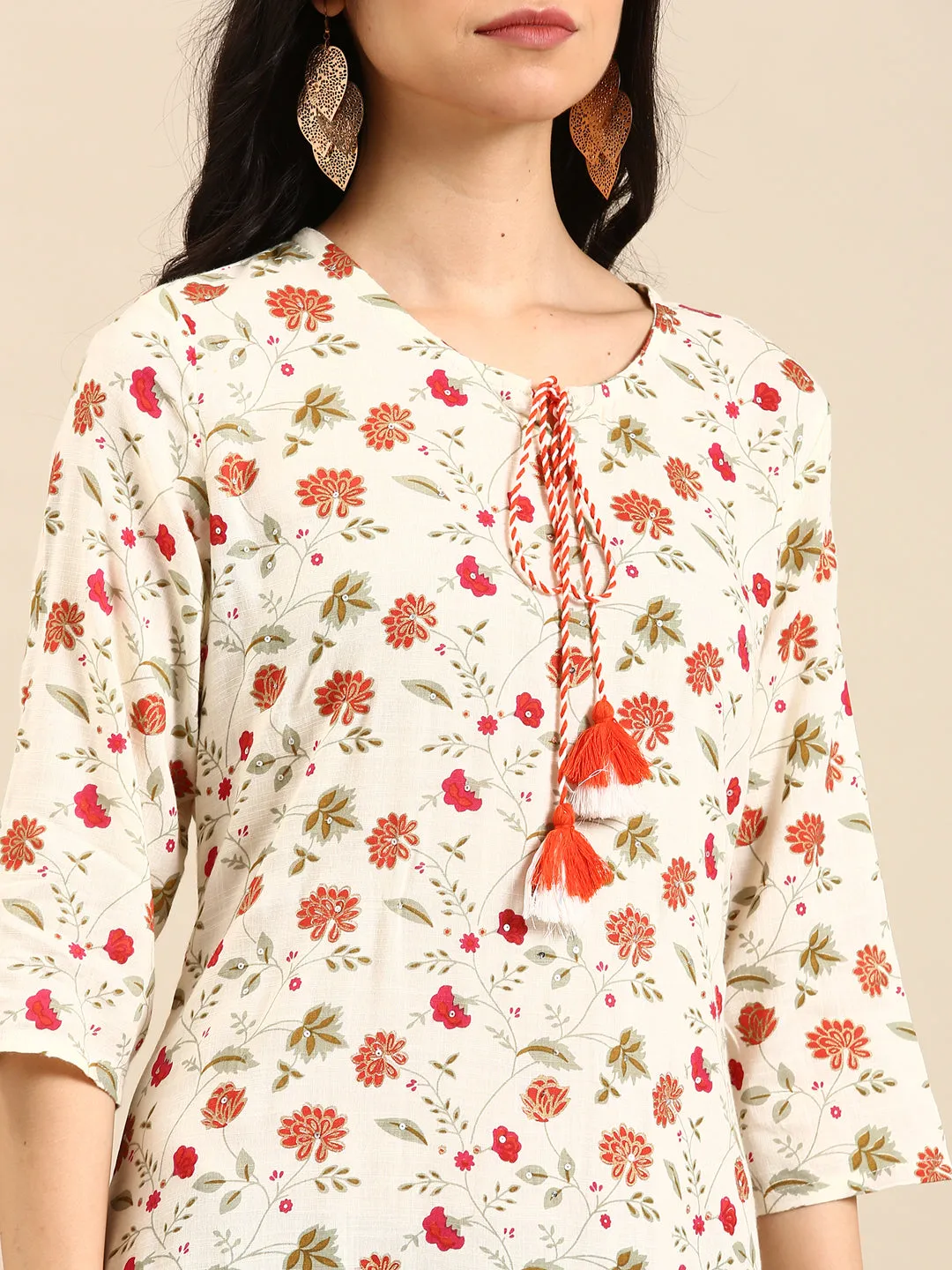 Women's Cream Printed Straight Kurta