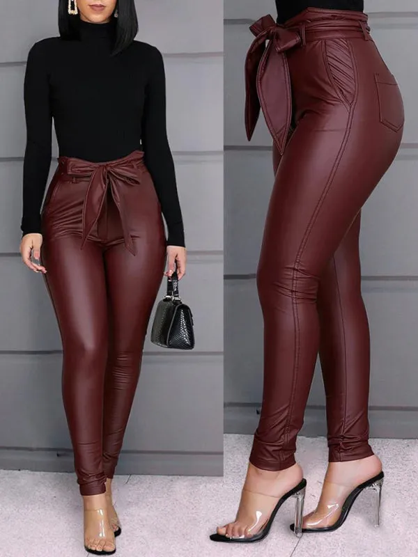 Women’s Faux Leather Tie Belt Fitted Trousers