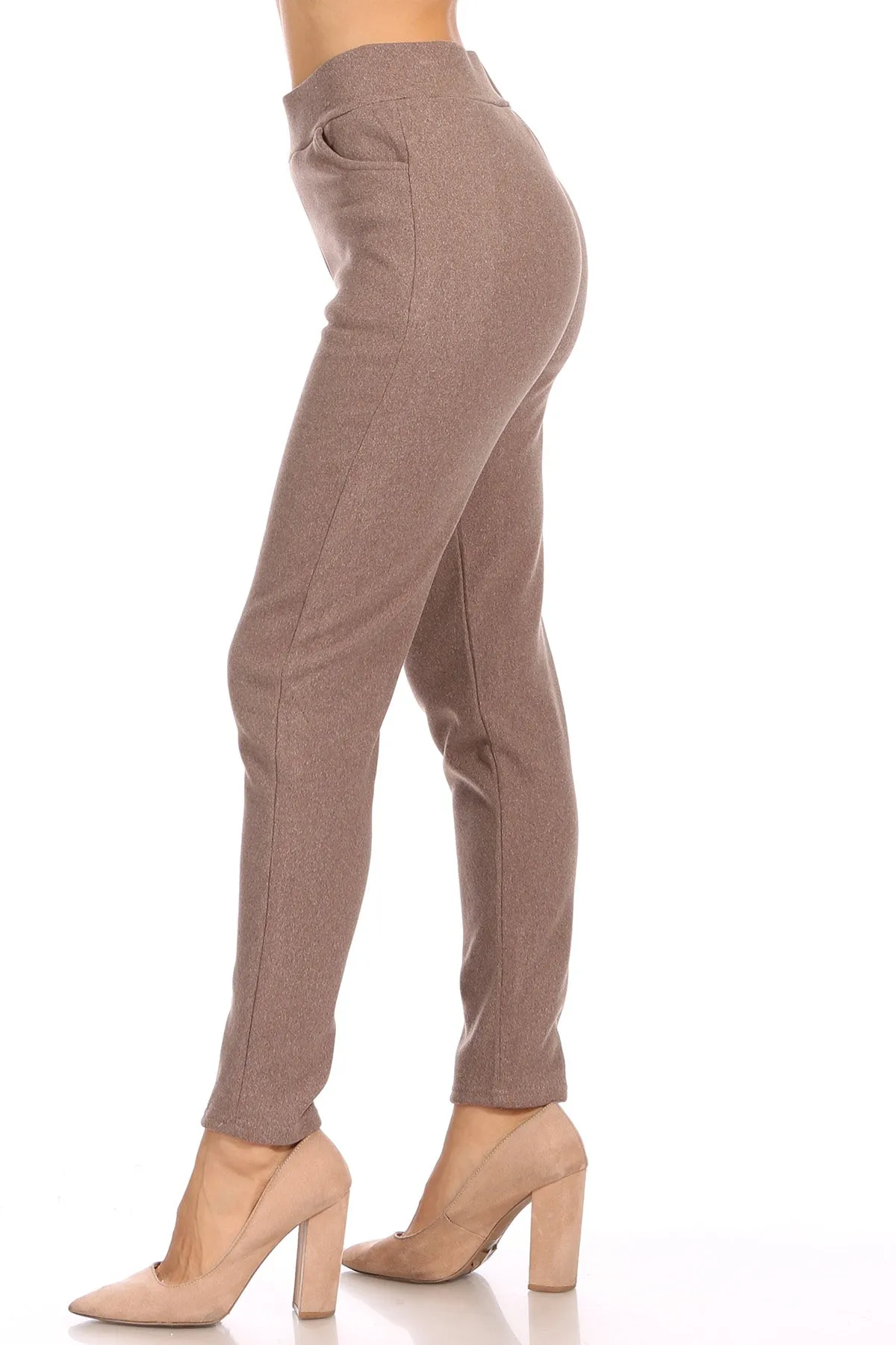 Women's Solid Faux Suede Banded Waist Stretch Pants Leggings with Side Pockets