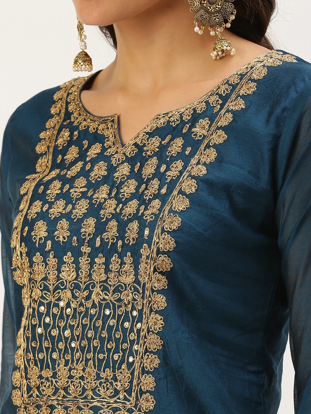 Women's Teal Embellished Straight Kurta