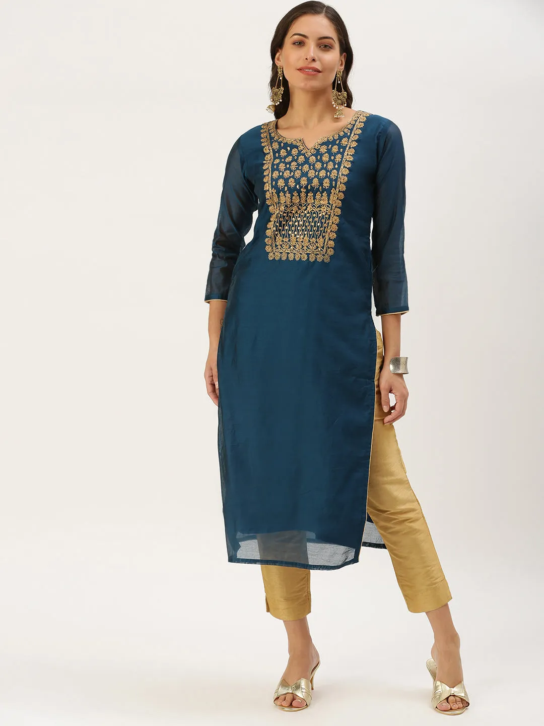 Women's Teal Embellished Straight Kurta