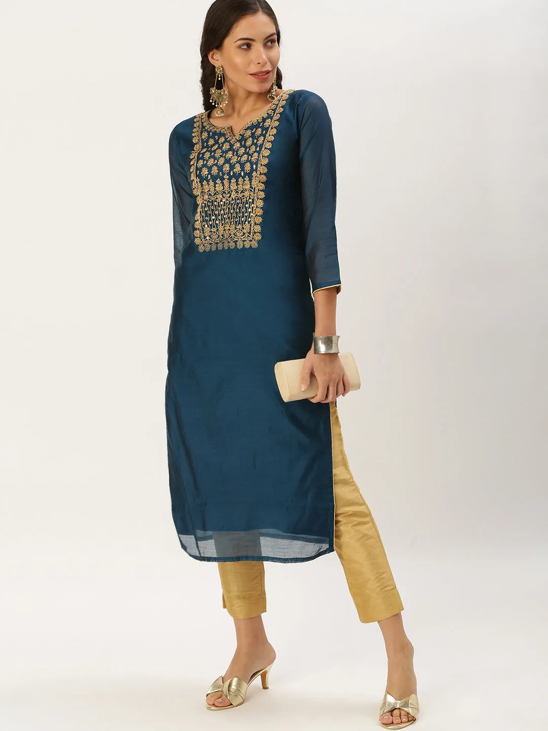 Women's Teal Embellished Straight Kurta