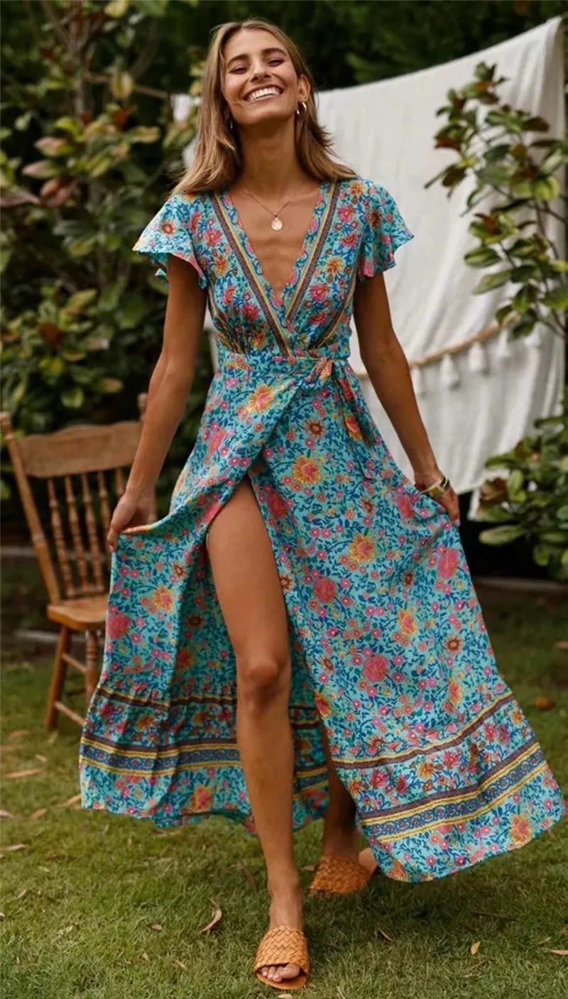 Wrap Maxi Dress Ladies Sexy V Neck Wrap Summer Boho Dresses