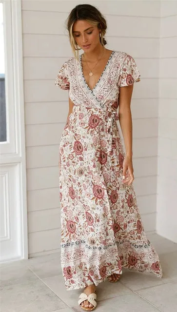 Wrap Maxi Dress Ladies Sexy V Neck Wrap Summer Boho Dresses