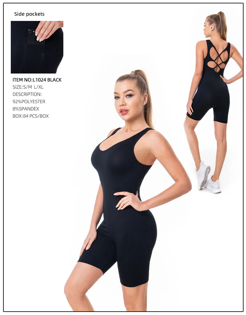 Yoga Pants Romper 2 Pcs Set-Black